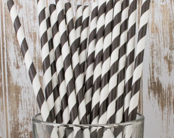 25 Black and white barber striped paper drinking straws - with FREE DIY Flag Template. See also - "Personalized" flags option.