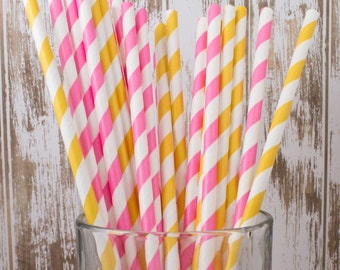 50 lemonade yellow & pink mixed combo barber striped paper drinking straws , FREE DIY Flags. See also - "Personalized" flags option.