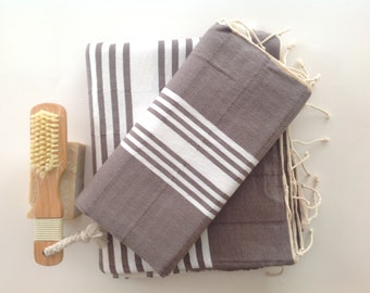 Natural Turkish BATH and Head Towel Set: Peshtemal and Peshkir set, SPA, set, Hammam, yoga, , Grey , valentine's day , gift