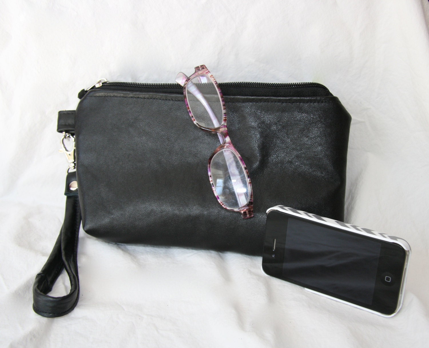 Leather wristlet make-up bag clutch purse black large