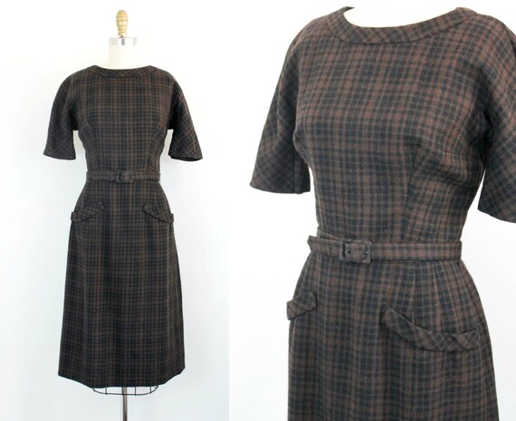 Vintage 1950s brown dress . Mystery Theater . plaid wiggle