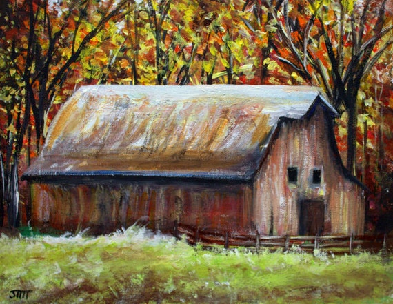 Items similar to Autumn Barn Original Painting on 14