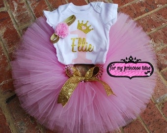 Pink and Gold First Birthday outfit gold glitter PERSONALIZED onesie, pink and gold tutu, first birthday, pink and gold set, birthday tutu