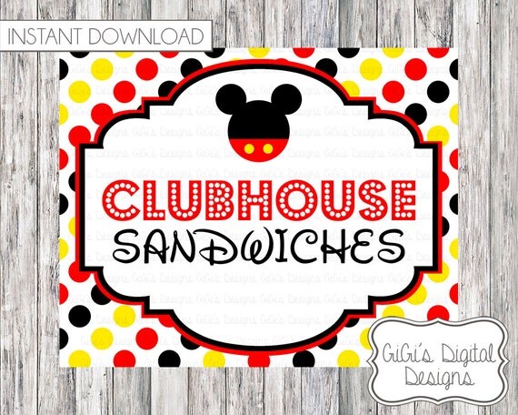 Mickey Mouse Birthday Party Clubhouse Sandwiches Sign Disney
