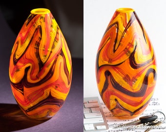Hand Blown Art Glass Teardrop Vase - Groovy Hot Color Swirls