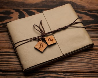 Leather Journal or Leather Sketchbook, Large Sized, Personalized Monogram Charms, Buttermilk Cream Leather Handbound Photo Album