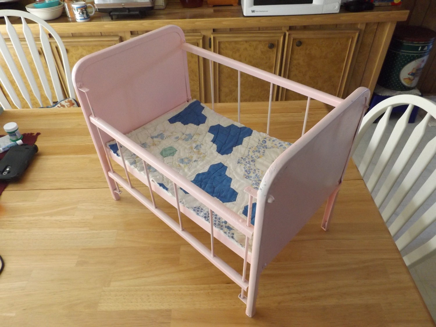 Vintage Pink Metal Doll Bed With Side Rail That Comes Down / 40’s