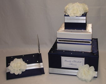 Navy Blue and White Wedding Card Box and matching Guest Book with Pen
