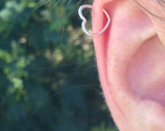 Helix Earring - Heart Cartilage Earring - Sterling Silver Helix Earring - Silver Open Heart Helix Hoop Earring - Silver Helix Heart Jewelry