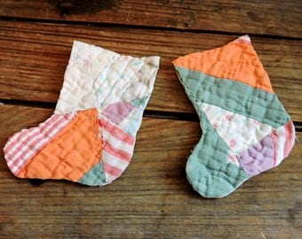 Primitive Christmas Stocking Appliques, Vintage Hand Quilted Feedsack Patchwork Quilt Fabric Shabby Embellishments, set of 2 itsyourcountry