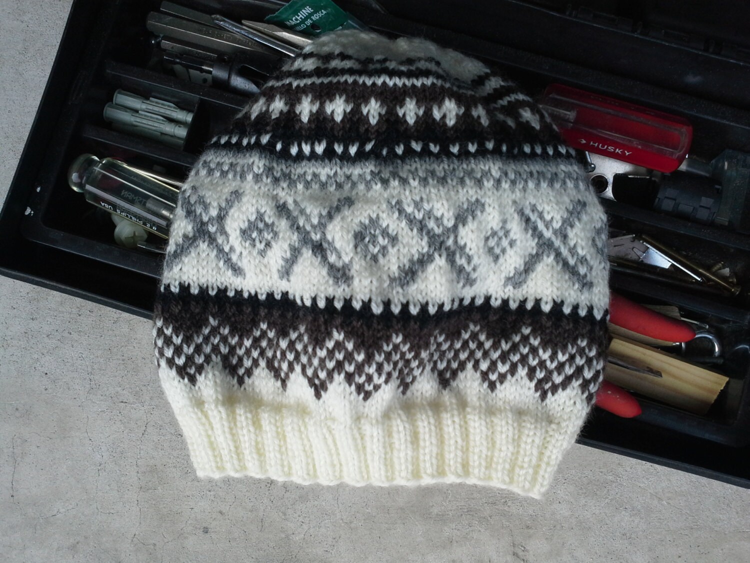 Mens Fair Isle Wool Hat Mens Hand Knit Norwegian Hat White