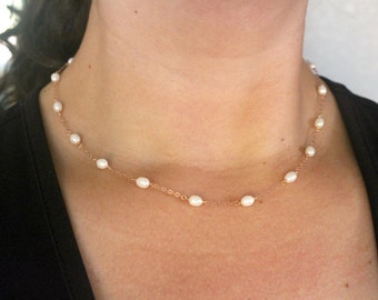 Rose Gold Pearl Necklace, Dainty Rose Gold Necklace, Freshwater Pearl Necklace, Pink Gold Filled Pearl Chain Necklace, 14k Rose Gold Jewelry