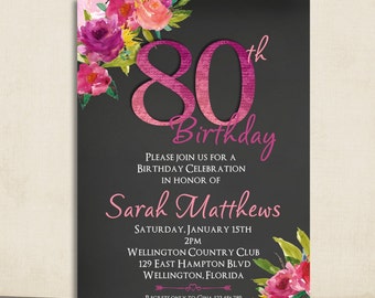 Watercolor Floral Chalkboard 80th Birthday Invitation
