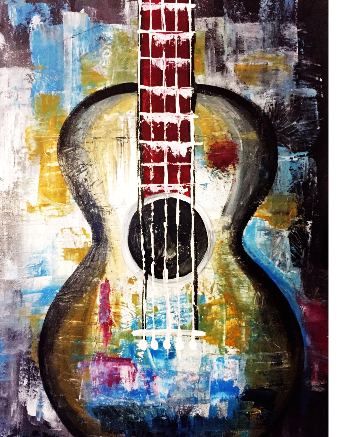 Folk abstract painting of a guitar by EverythingArtT on Etsy