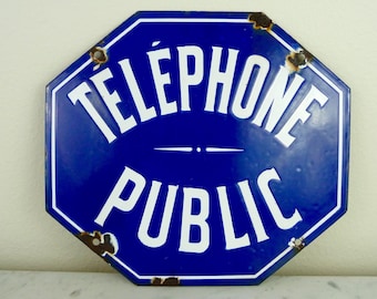 Vintage French Metal Sign Telephone Sign Porcelain Enamel French Sign Industrial Metal Sign Blue White French Advertising