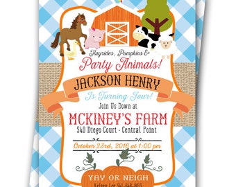 Fall Farm Invitation Farm Birthday Farm Animals Pumpkin Patch Birthday Invitation 5x7 Party Animals Invitation Pumpkin Party Halloween Fall