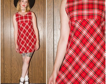 ON SALE Vintage 90s Hipster Club Kid Raver Grunge Red Yellow White Plaid Clueless Tartan Mini Dress Small