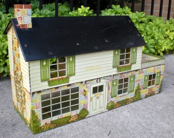 Large Doll House, Marx Litho Tin Metal Two Story Dollhouse, 1950's DOLL HOUSE, Stone Country Home MCM Vintage Doll Play House As-Is