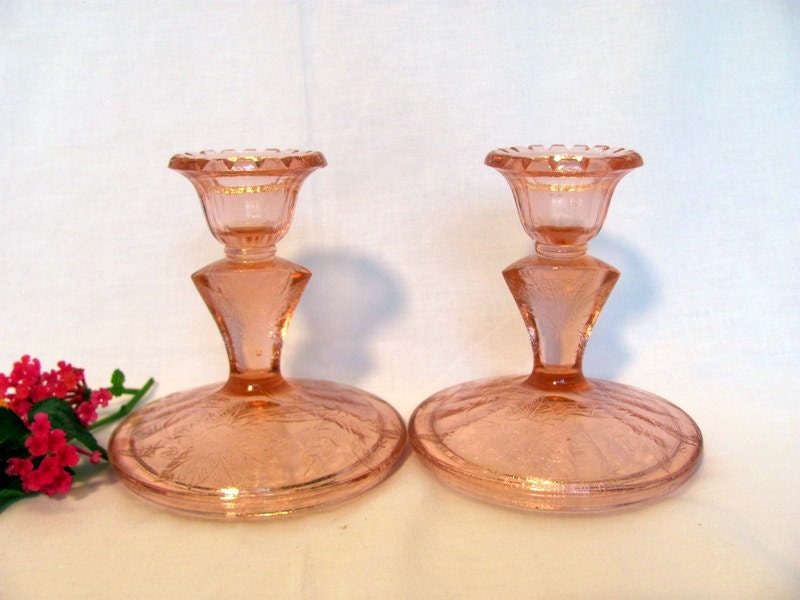 Pink Depression Glass Candle Holders Floral by