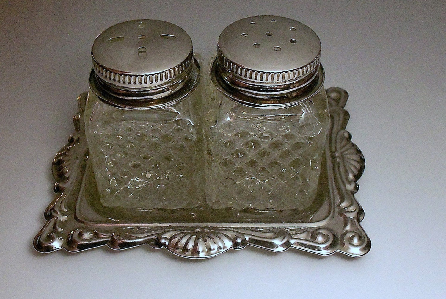 Vintage Salt Pepper Shakers and Tray silver plated Hong Kong