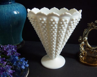 Fenton Hobnail Milk Glass Vase - Milk Glass Fan Vase - Fenton Hobnail Fan Vase - Fenton Crown Top Hobnail White Milk Glass Fan Vase
