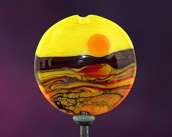 Hot Landscape Handmade Lampworked Glass Bead OOAK Yellow Orange Black Red Lentil Focal Lampwork