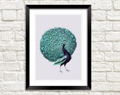 PURPLE PEACOCK PRINT: Vintage Turquoise Bird Art Illustration Wall Hanging (A4 / A3 Size)