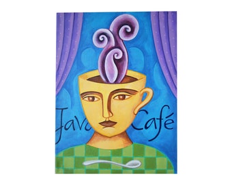 JAVA CAFE, coffee cup head, coffee decor, coffee art, kitchen art, original 12x18 canvas painting by Elizabeth Rosen