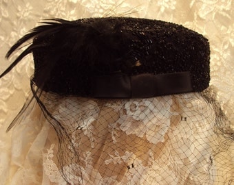 Retro style pillbox hat, black beaded hat, beaded hat, 50's-60's hat, perfect condition
