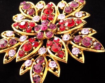 Vintage Flower Brooch Ruby Red, Purple and Lavender Rhinestone