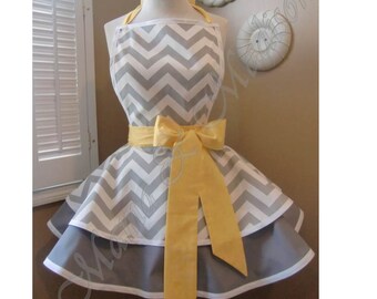 Chevron Print Accented with Citron Yellow Womans Retro Apron With Tiered Skirt And Bib
