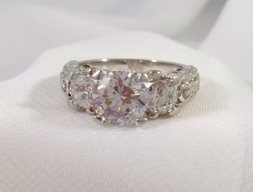 Vintage Engagement Anniversary Ring Three Stone Ring Cubic