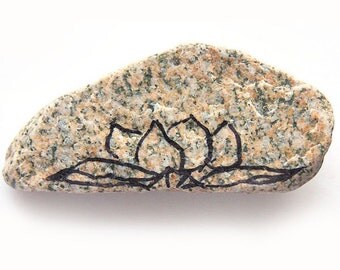 Minimalist Zen Decor Meditation Stone Painted Lotus Flower Black Ink Peach Granite Spa Inspiration Nature Inspired Yoga Stone Office Decor