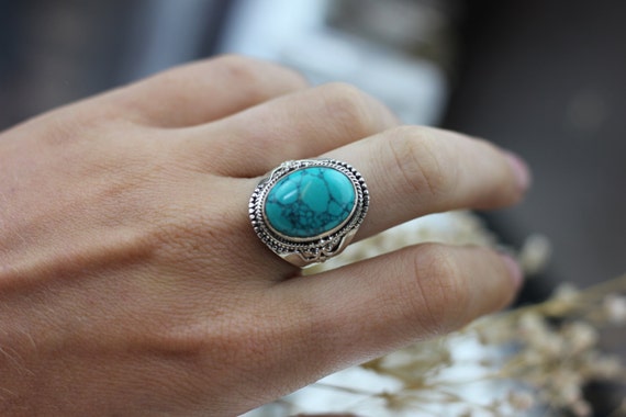 STATEMENT TURQUOISE RING - Sterling Silver Ring- Crystal Ring- Healing Crystal Jewellery- Chakra Ring- Statement Ring- Boho- Vintage