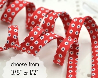 tiny white flowers on red - double fold, bias tape - 3 yards, CHOOSE 3/8" or 1/2" wide