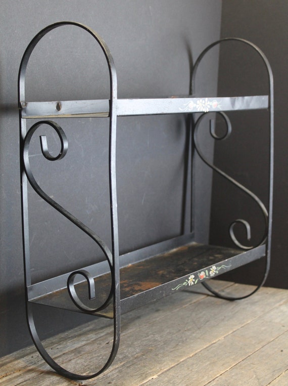 Vintage Black Metal Shelf // Painted Flowers // Hanging by MyBarn