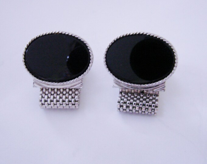 60s Retro Vintage Black Glass Silver Tone Mesh Wrap Cuff Links / Wedding / Mens Jewelry / Jewellery