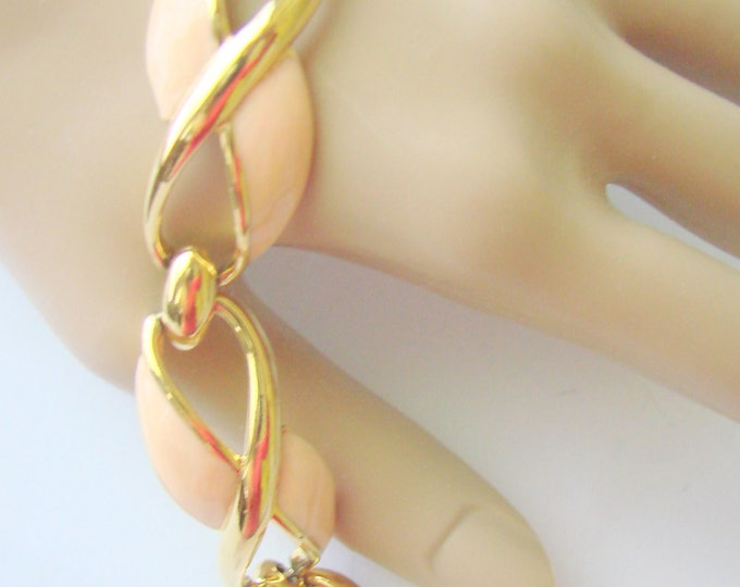 Monet Coral Enamel Goldtone Link Bracelet / Retro / Designer Signed / Vintage / Jewelry / Jewellery