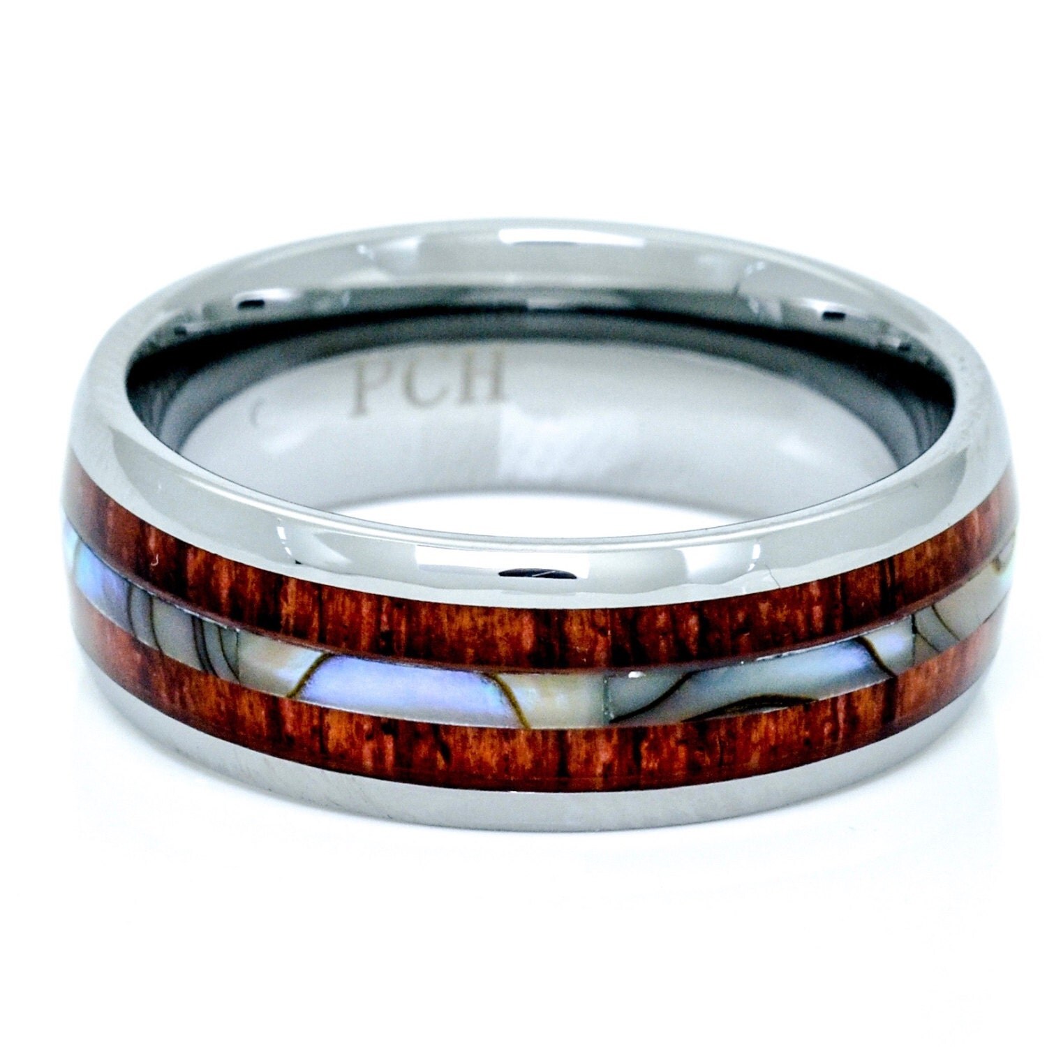 Tungsten Men's Ring Hawaiian Koa Wood and Abalone 8mm
