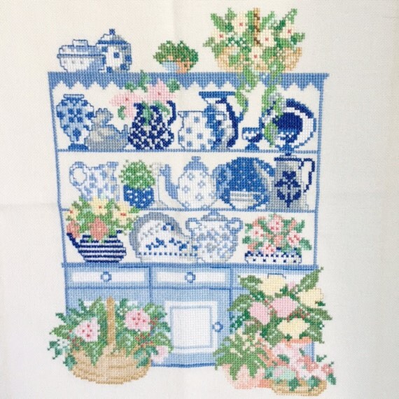Finished / Completed Cross Stitch Delft Blue Jug Cupboard
