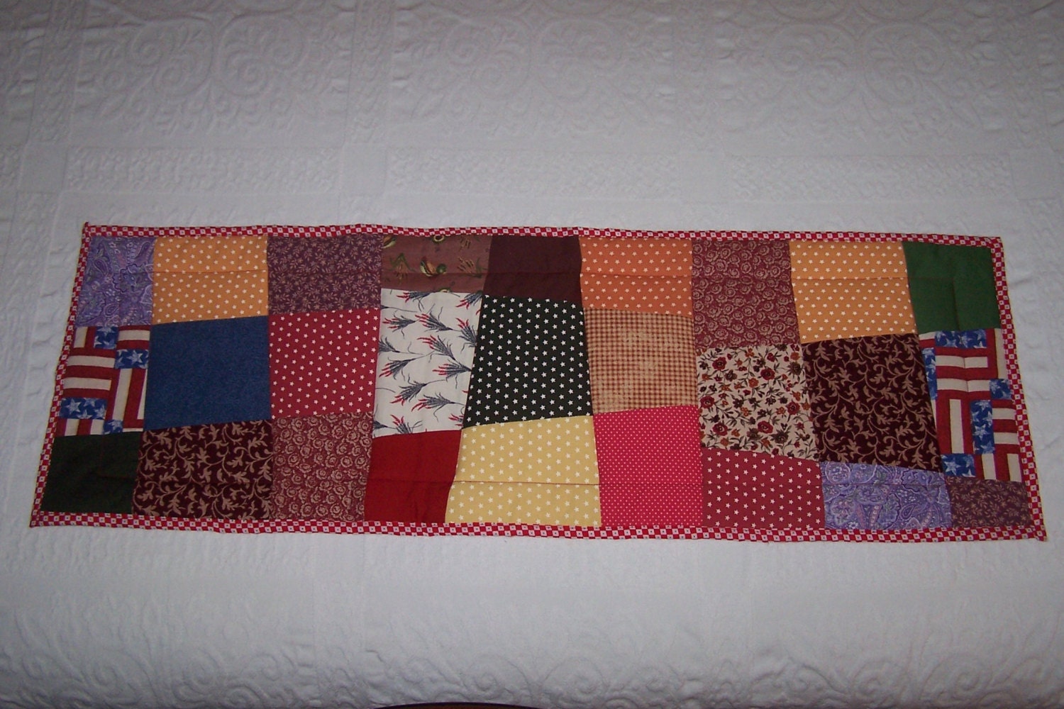 Beautiful Crazy Quilt table runner red green blue grange