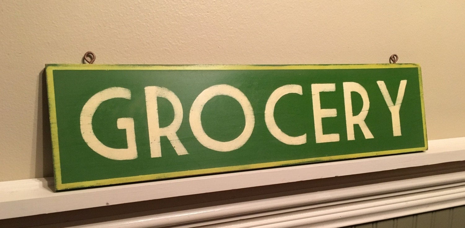GROCERY hand painted retro/vintage style green sign