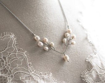69_Silver twig necklace, Pearl branch, Wedding jewelry, Bridal accessories, Pearl necklace, Silver twig, Bridesmaid necklace, Pearl jewelry