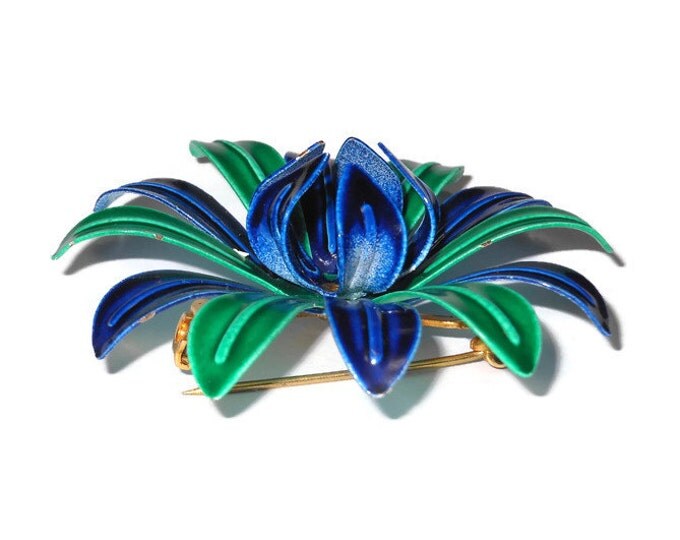 FREE SHIPPING 1960s flower brooch green and blue enamel daisy floral pin, green and dark blue petals with blue petals emerging from center