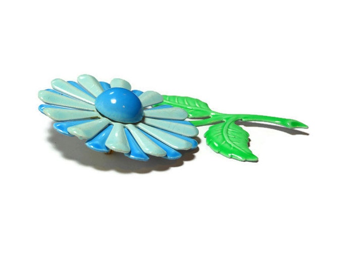 FREE SHIPPING Blue daisy brooch pin, large 1960s powder blue and sky blue enamel flower floral dark blue center and green stem and leaves