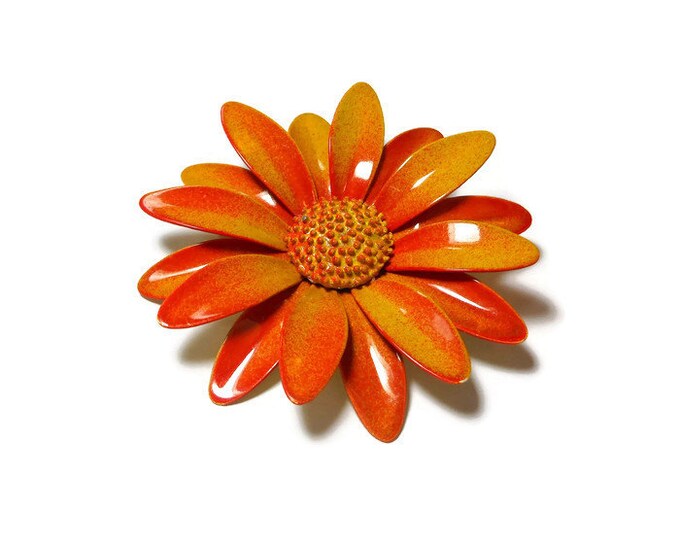 Gerbera daisy brooch pin, large mod 1960s yellow and orange enamel flower floral brooch with textured center, flower power!