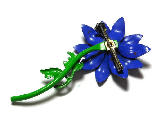 FREE SHIPPING Blue floral brooch pin, enamel daisy like pin, upcycled by adding a wash of light gold antiquing glaze over the blue and green