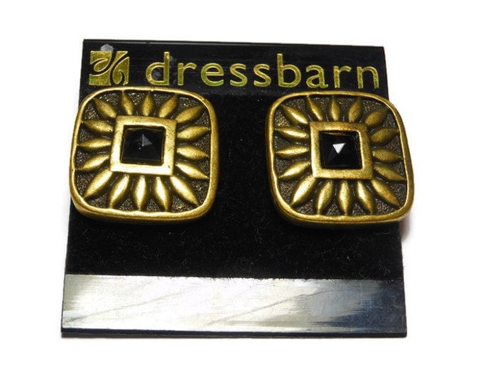 FREE SHIPPING Dressbarn earrings, post earrings antiqued golden bronze squares with black glass centers, on original card, Aztec look