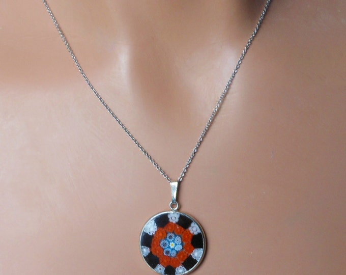 FREE SHIPPING Millefiori glass pendant, 25mm round red, black, blue, yellow white disc on sterling silver chain marked 925 Italy on bail