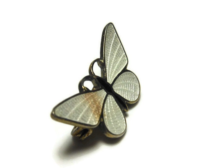 Guilloché butterfly scatter pin, 1950's small white and black enamel guilloché brooch, gold trim